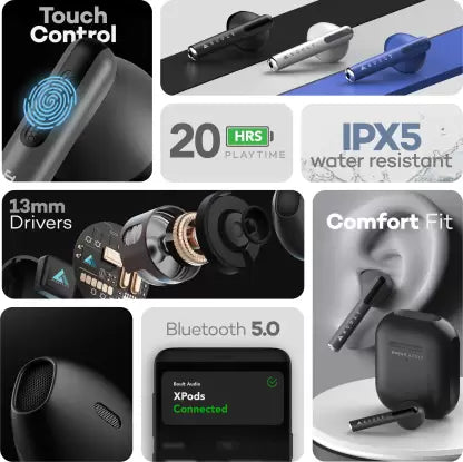 Boult Audio XPods with Mega 13mm Drivers, 20H Battery, Fast Charge & Pairing, Made In India Bluetooth Headset (Black, True Wireless) Boult Audio XPods with Mega 13mm Drivers, 20H Battery, Fast Charge & Pairing, Made In India Bluetooth Headset (Black, True Wireless)